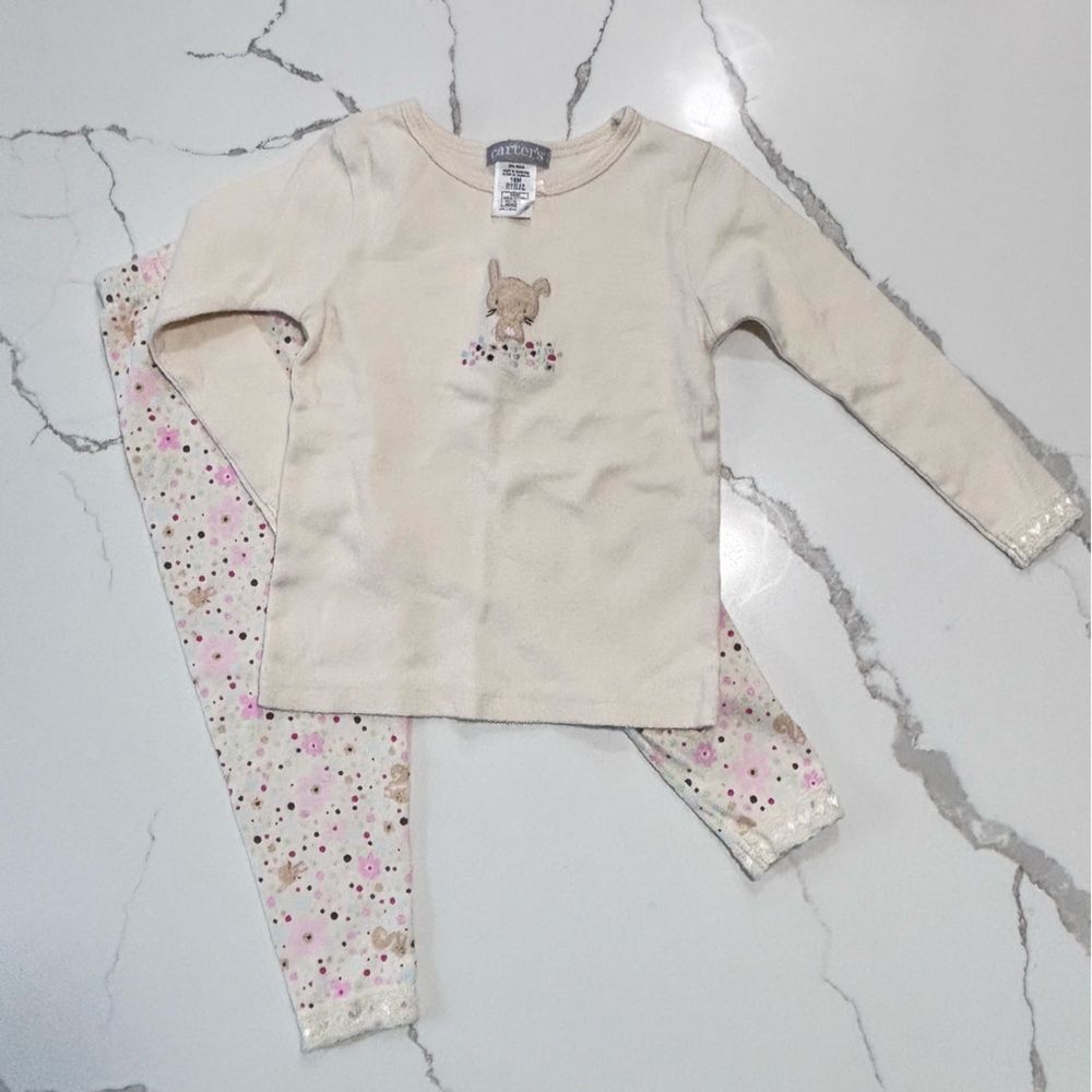Carter's Girls Cream Long Sleeve Floral Print Cotton Pajamas Set PJs Bunny 18M